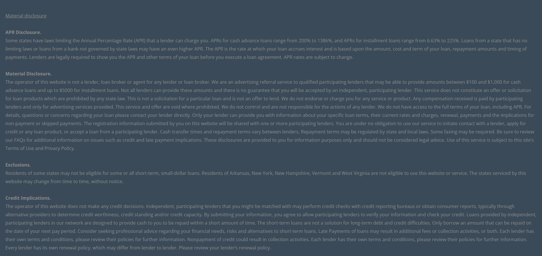 Material disclosure for payday loans in Sterling Heights Michigan